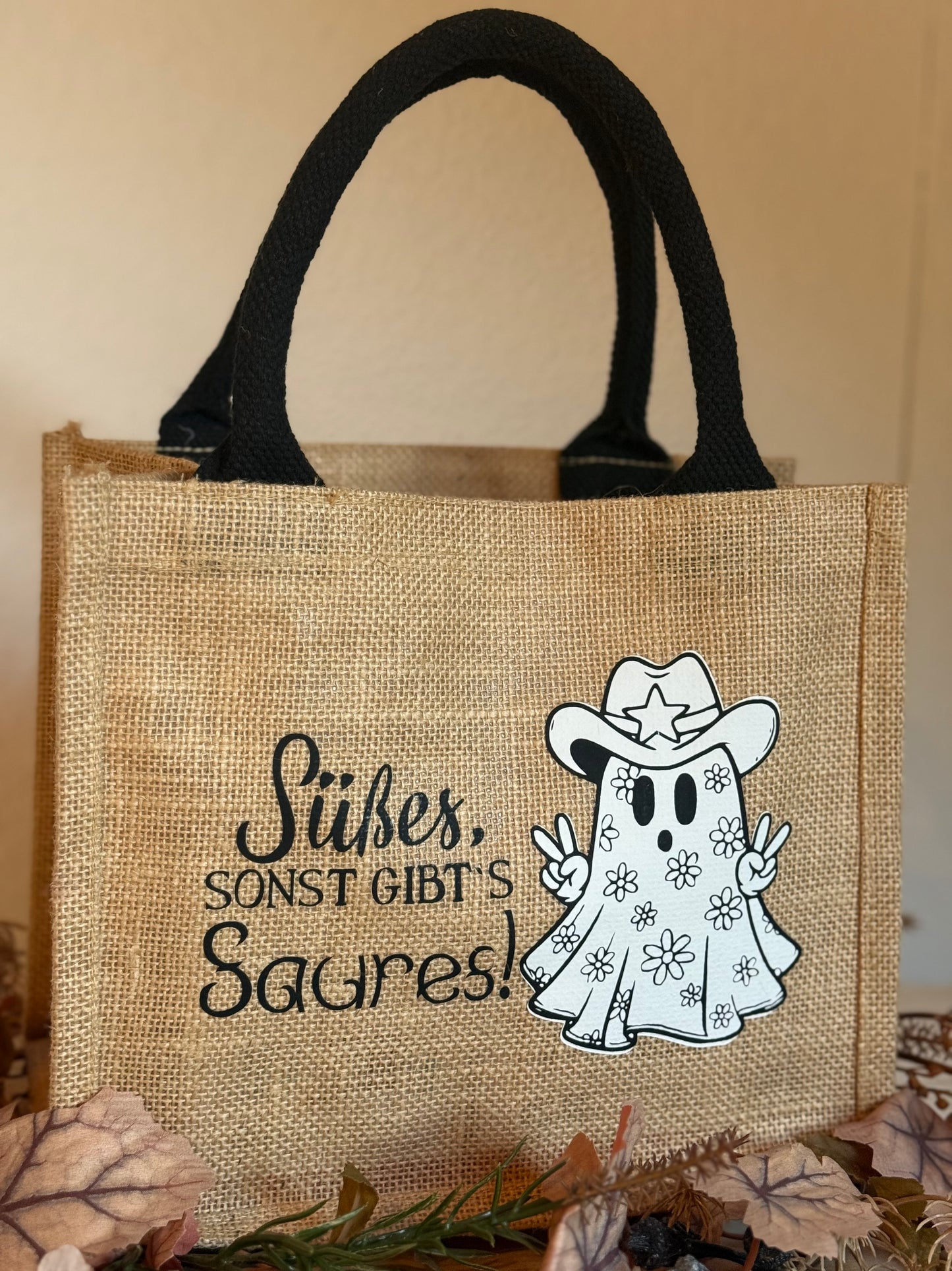 Halloween Jutetasche Süßes,sonst gibt’s Saures. Sammeltasche