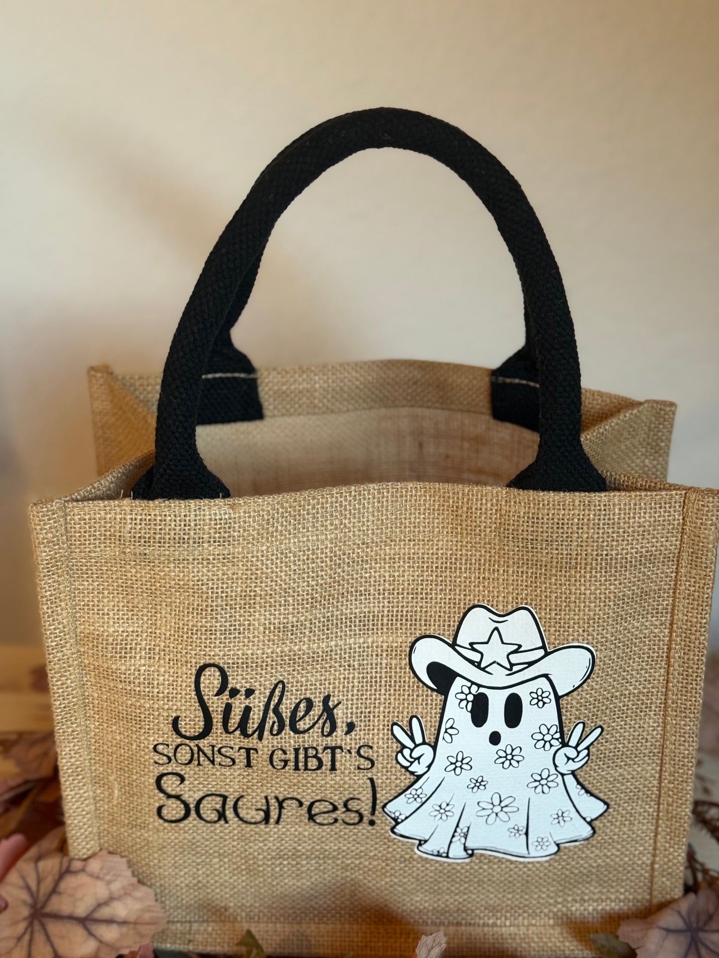 Halloween Jutetasche Süßes,sonst gibt’s Saures. Sammeltasche