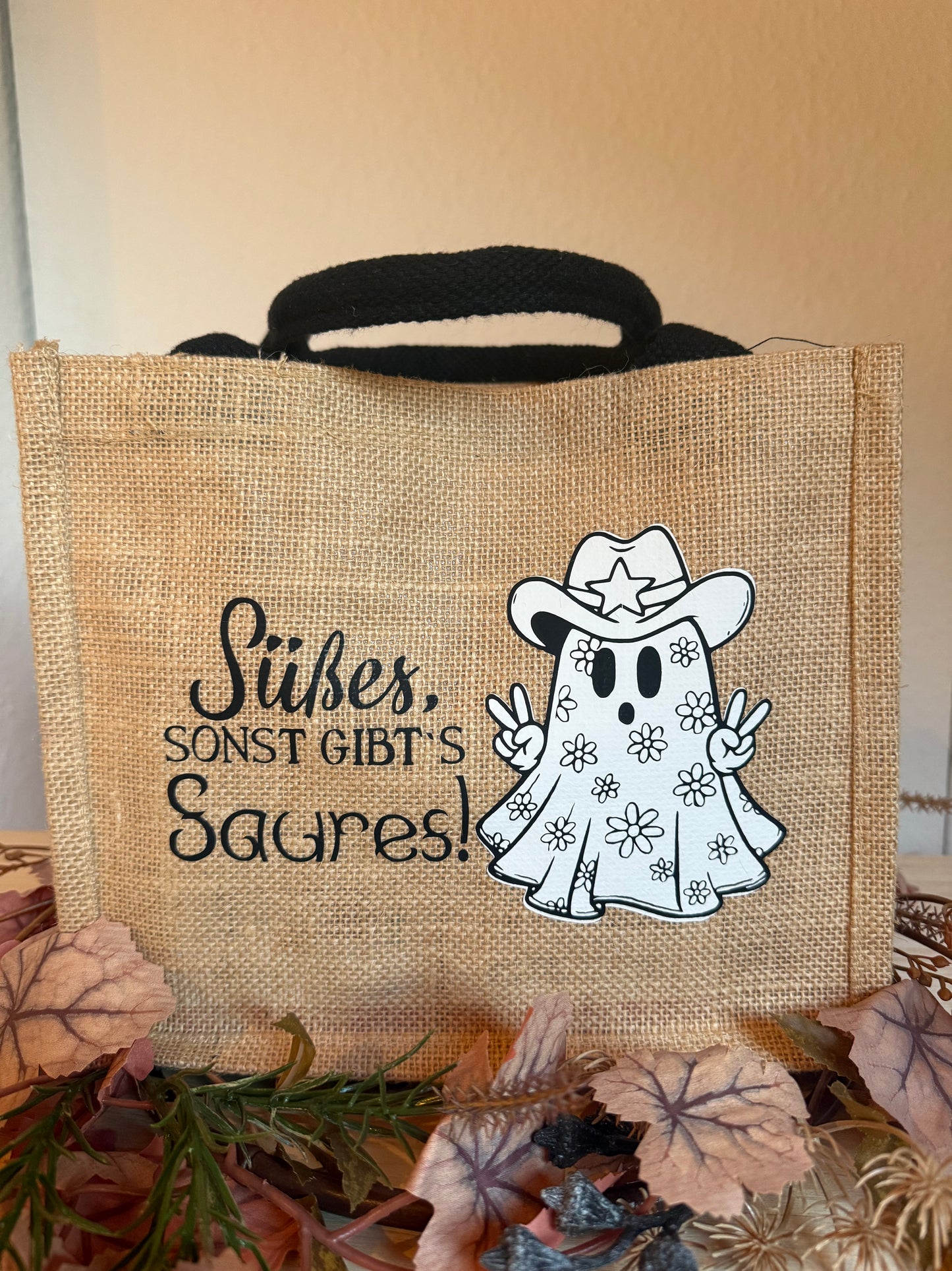 Halloween Jutetasche Süßes,sonst gibt’s Saures. Sammeltasche