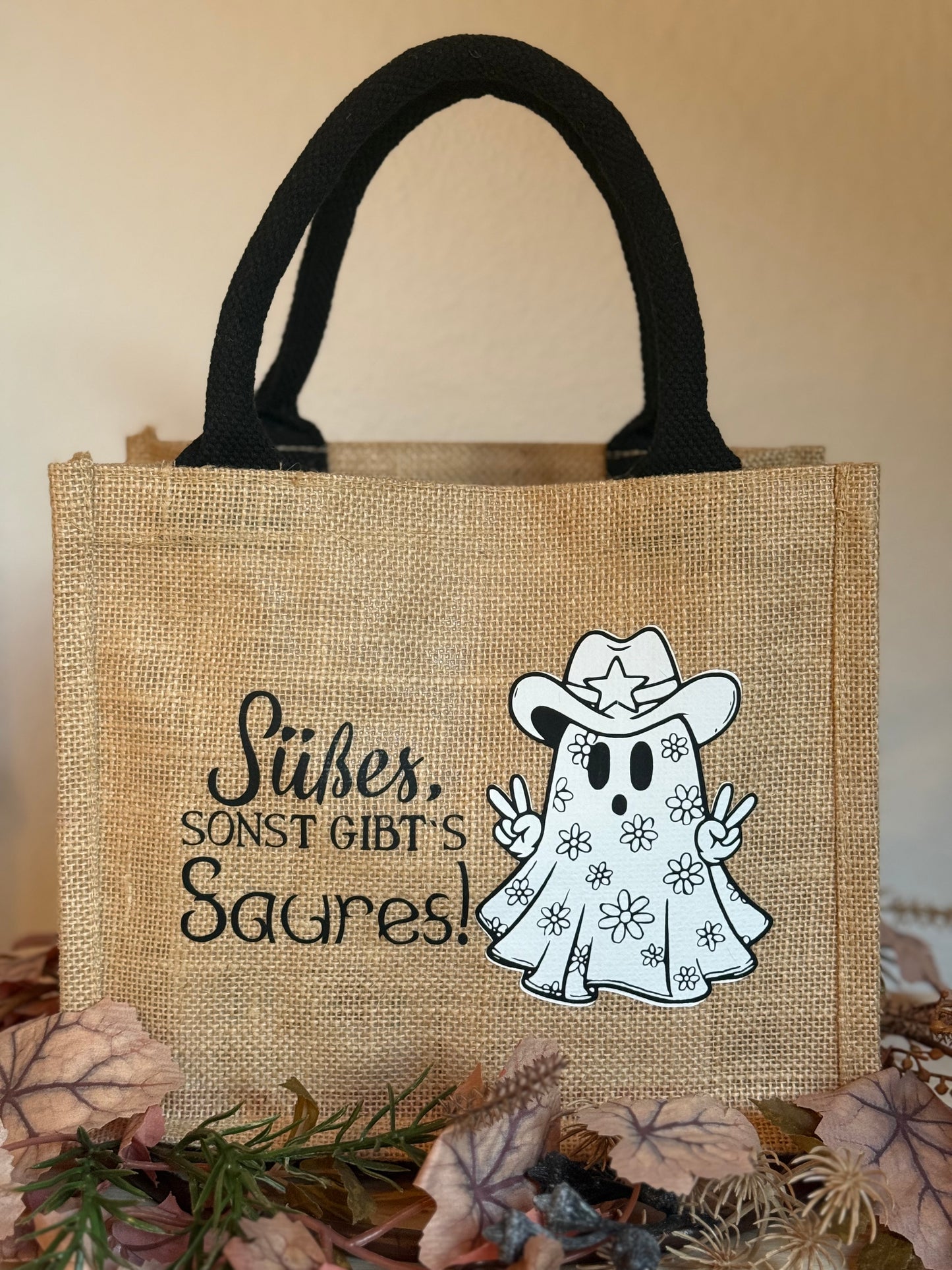 Halloween Jutetasche Süßes,sonst gibt’s Saures. Sammeltasche