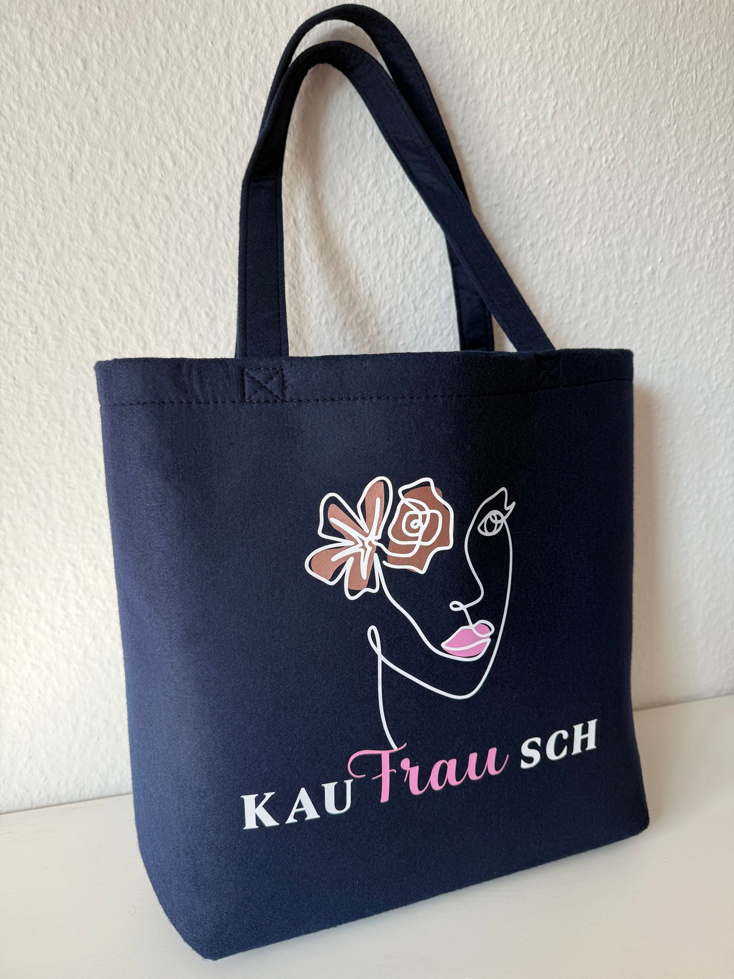 Große Tragetasche „Kaufrausch“ – Dunkelblau aus robustem Polyester-Filz