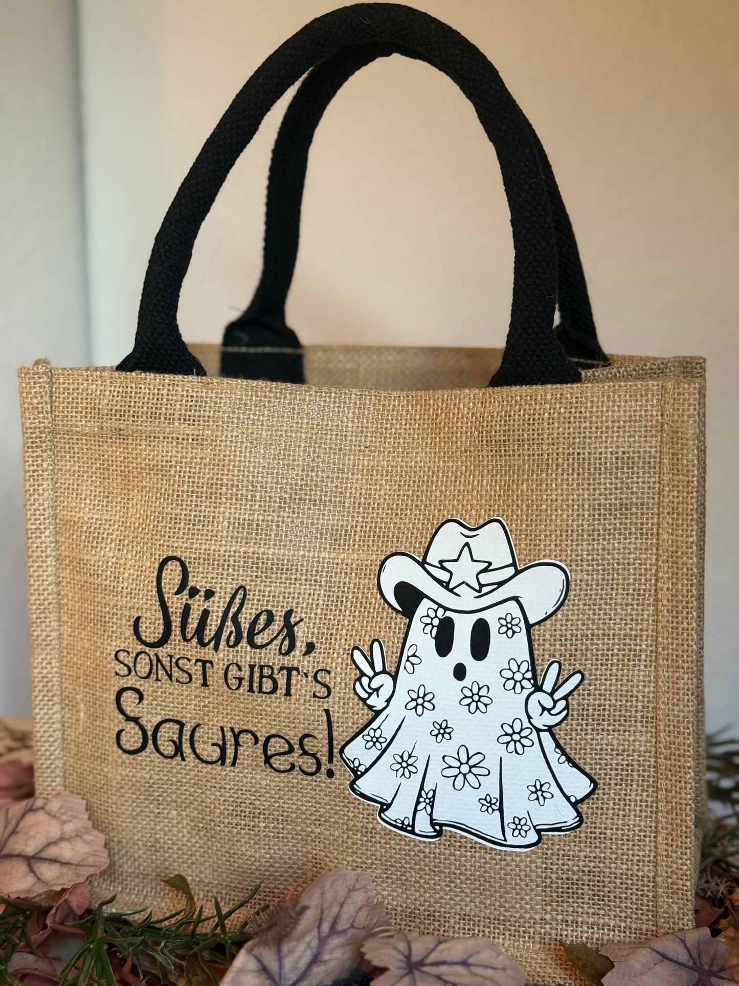 Halloween Jutetasche Süßes,sonst gibt’s Saures. Sammeltasche