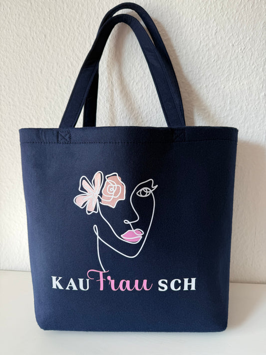 Große Tragetasche „Kaufrausch“ – Dunkelblau aus robustem Polyester-Filz