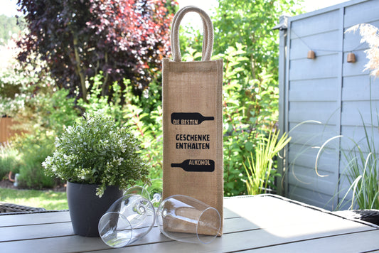 Flaschentasche zum Verschenken mit dem Spruch " Die besten Geschenke enthalten Alkohol", Tasche mit Goldschimmer