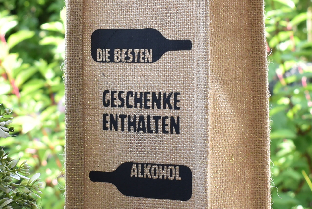 Flaschentasche zum Verschenken mit dem Spruch " Die besten Geschenke enthalten Alkohol", Tasche mit Goldschimmer