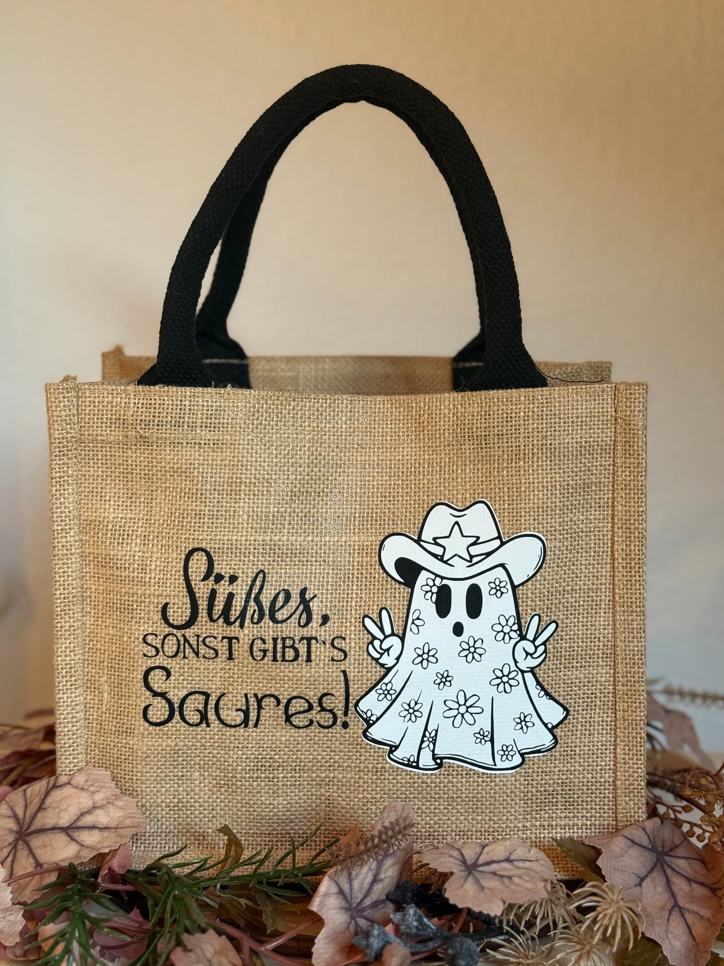 Halloween Jutetasche Süßes,sonst gibt’s Saures. Sammeltasche