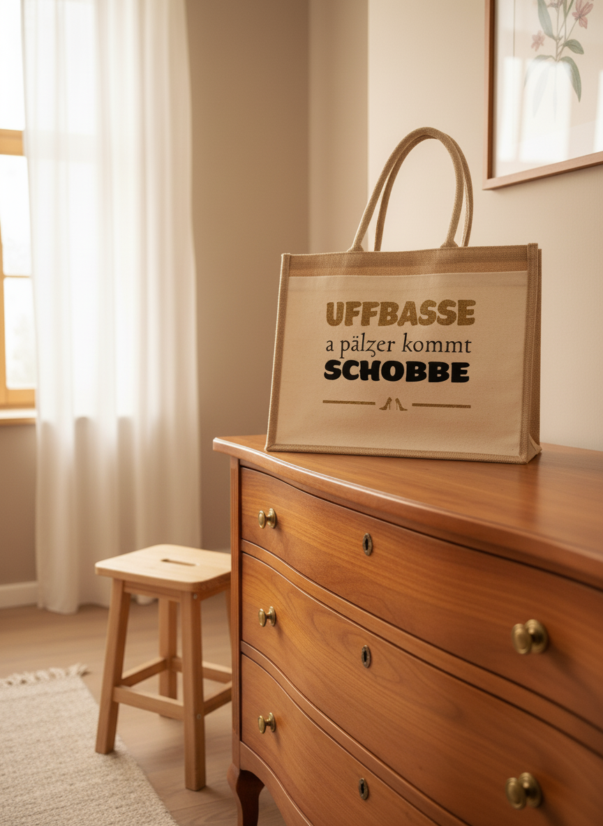 Pälzer Tasche mit Spruch „UFFBASSE – a Pälzer kommt Schobbe“ | Perfektes Geschenk für Pfalz-Fans & Weinliebhaber