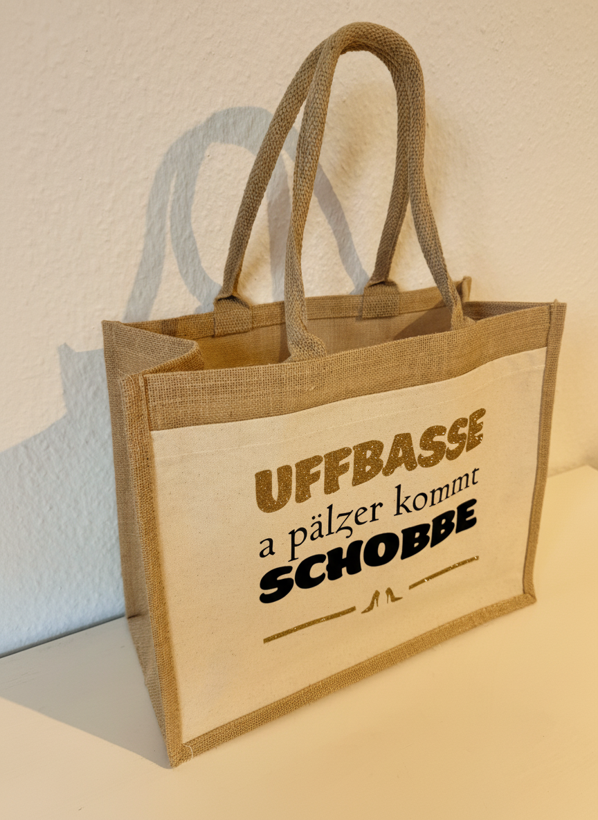 Pälzer Tasche mit Spruch „UFFBASSE – a Pälzer kommt Schobbe“ | Perfektes Geschenk für Pfalz-Fans & Weinliebhaber