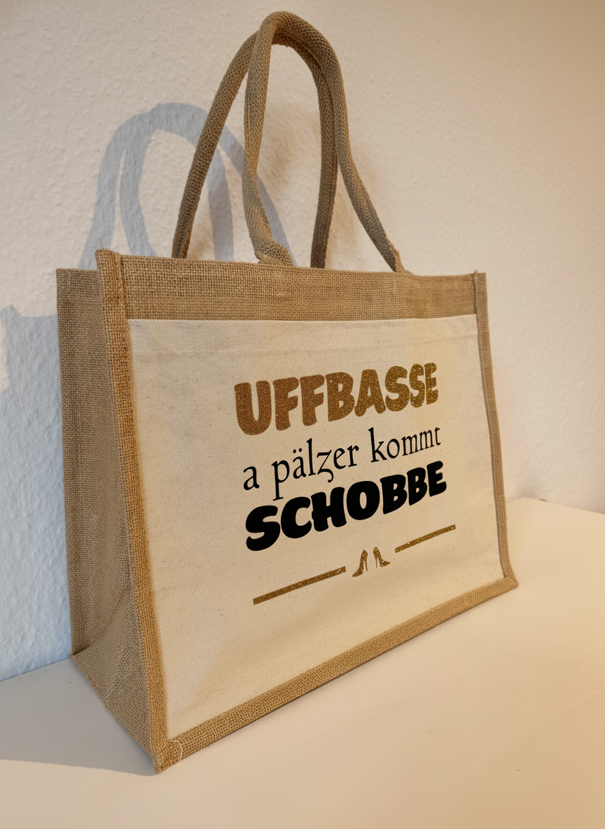Pälzer Tasche mit Spruch „UFFBASSE – a Pälzer kommt Schobbe“ | Perfektes Geschenk für Pfalz-Fans & Weinliebhaber