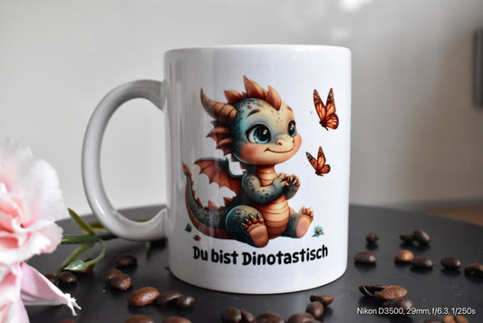 Keramik Tasse für Dinofans mit dem Spruch „Du bist Dinotastisch“